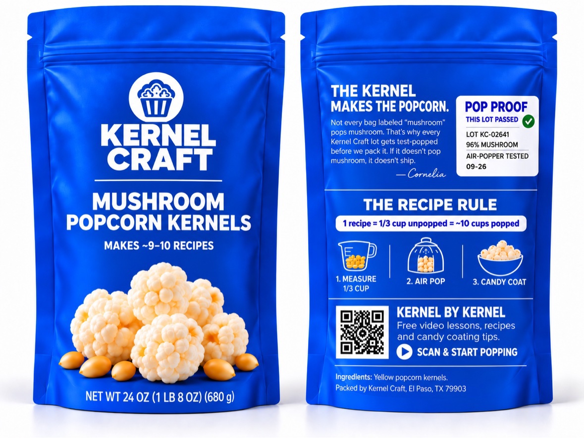 Front and back of the blue 24 oz Kernel Craft mushroom popcorn kernel bag, including its POP PROOF lot sticker